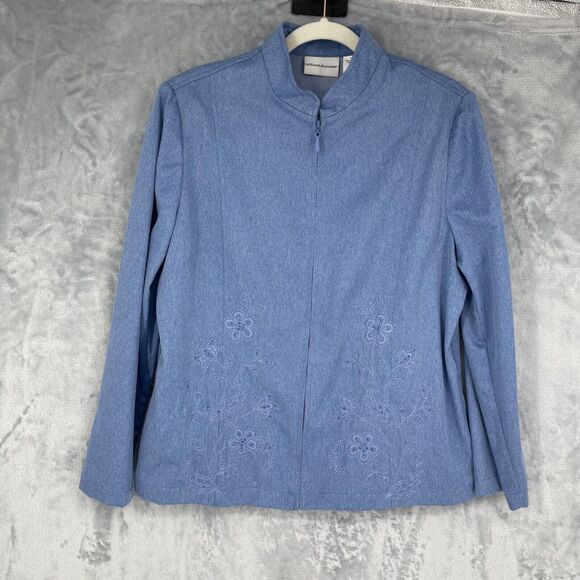 Alfred Dunner Jacket Womens 14 Blue Chambray Color Floral Embroidery Full Zip - Picture 1 of 12